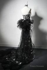 Modest Silver Mermaid Strapless Sequin Tulle  Long Prom Dress Formal Evening Dress