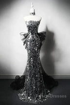 Modest Silver Mermaid Strapless Sequin Tulle Long Formal Prom Dress Formal Evening Dress