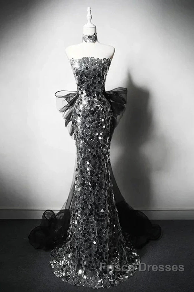 Modest Silver Mermaid Strapless Sequin Tulle Long Formal Prom Dress Formal Evening Dress