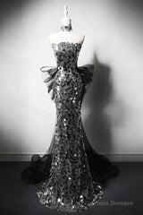 Modest Silver Mermaid Strapless Sequin Tulle  Long Prom Dress Formal Evening Dress