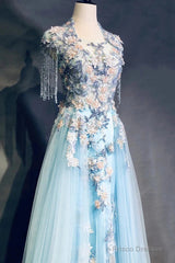 Modest Sky Blue A-Line Tulle Beading Embroidery Appliques Long Prom Dress Pageant Gown