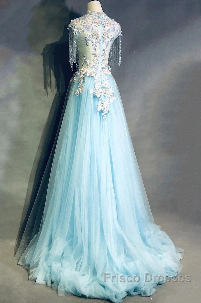Modest Sky Blue A-Line Tulle Beading Embroidery Appliques Long Formal Prom Dress Pageant Gown