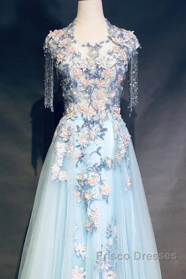 Modest Sky Blue A-Line Tulle Beading Embroidery Appliques Long Formal Prom Dress Pageant Gown