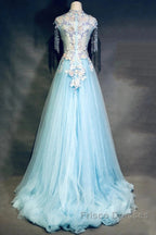 Modest Sky Blue A-Line Tulle Beading Embroidery Appliques Long Formal Prom Dress Pageant Gown