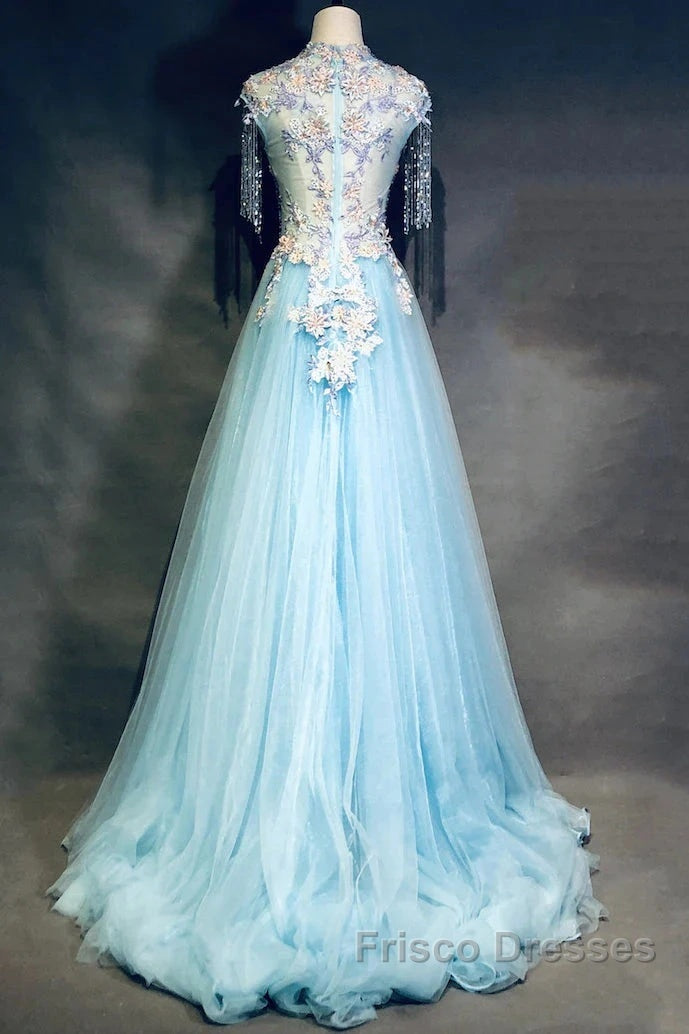 Modest Sky Blue A-Line Tulle Beading Embroidery Appliques Long Formal Prom Dress Pageant Gown