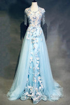 Modest Sky Blue A-Line Tulle Beading Embroidery Appliques Long Formal Prom Dress Pageant Gown