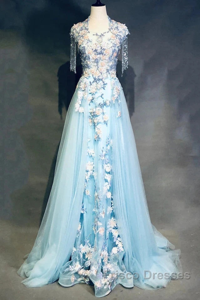 Modest Sky Blue A-Line Tulle Beading Embroidery Appliques Long Formal Prom Dress Pageant Gown