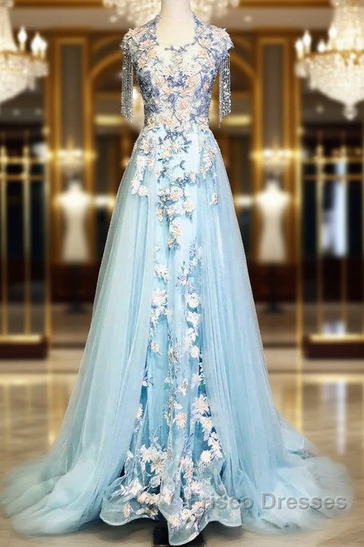 Modest Sky Blue A-Line Tulle Beading Embroidery Appliques Long Formal Prom Dress Pageant Gown
