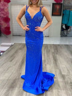 Modest Trendy Mermaid Spaghetti Straps Navy Blue Sequins Prom Dresses Style Long Senior High School Dance Party Dress