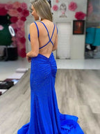 Modest Trendy Mermaid Spaghetti Straps Navy Blue Sequins Prom Dresses Style Long Senior High School Dance Party Dress