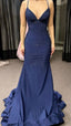 Modest Trendy Mermaid Spaghetti Straps Navy Blue Sequins Prom Dresses Style Long Senior High School Dance Party Dress