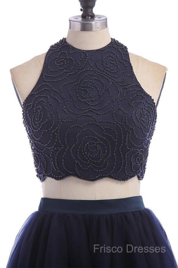 Modest Two Pieces Sleeveless Hollow Navy Blue Homecoming Dress
