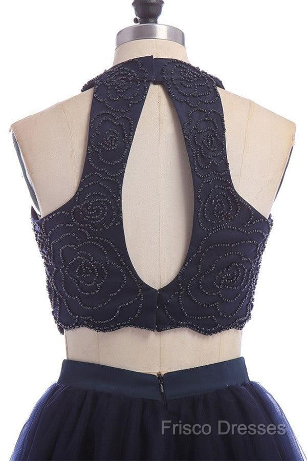 Modest Two Pieces Sleeveless Hollow Navy Blue Homecoming Dress