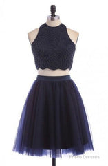 Modest Two Pieces Sleeveless Hollow Navy Blue Homecoming Dress