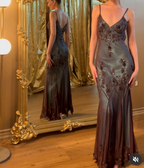 Vintage-Inspired Evening Dresses Blue Satin Spaghetti Straps Coffee Chiffon Long Prom Dresses With Beading