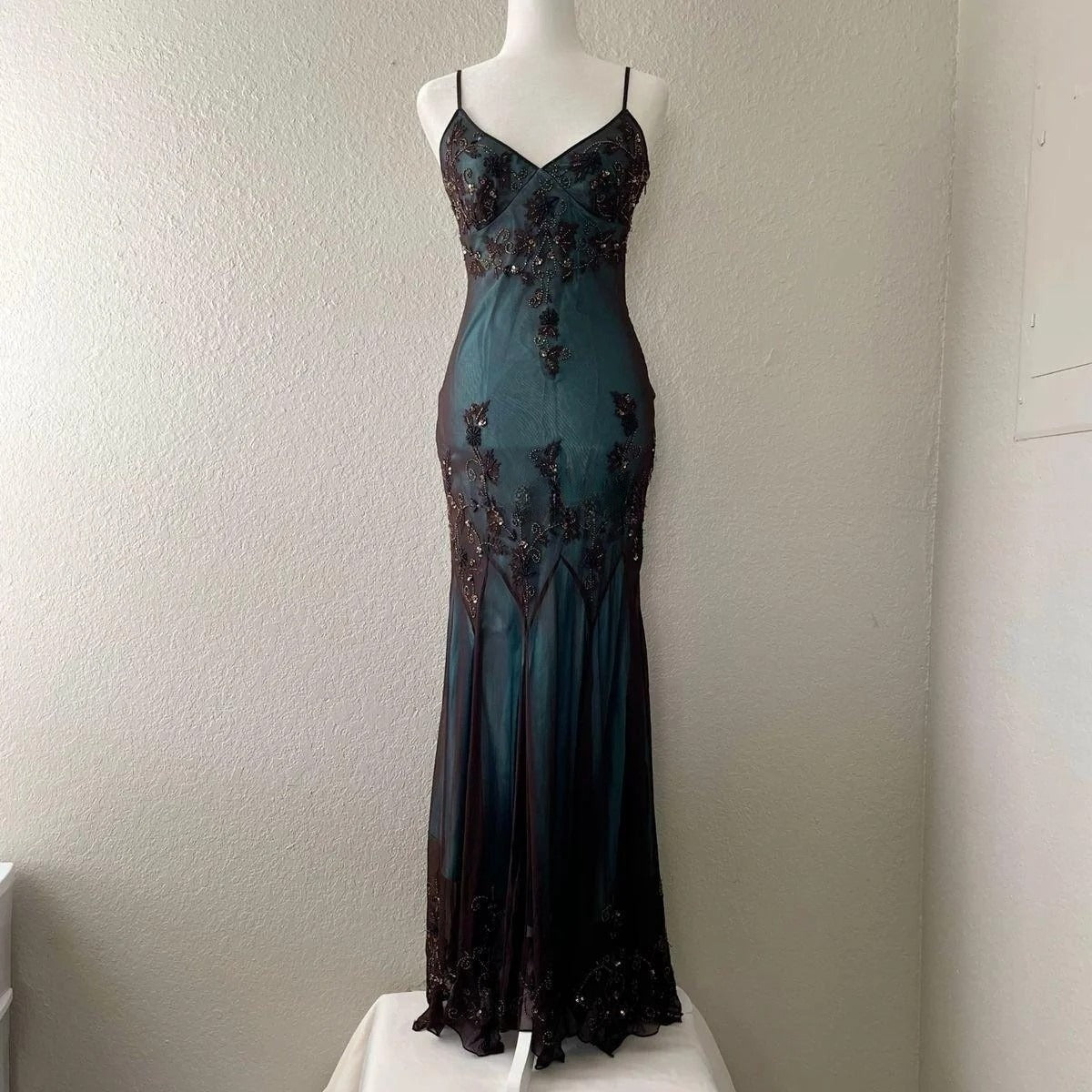 Vintage-Inspired Evening Dresses Blue Satin Spaghetti Straps Coffee Chiffon Long Prom Dresses With Beading Secondary image