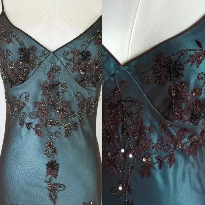Vintage-Inspired Evening Dresses Blue Satin Spaghetti Straps Coffee Chiffon Long Prom Dresses With Beading
