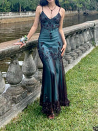 Vintage-Inspired Evening Dresses Blue Satin Spaghetti Straps Coffee Chiffon Long Prom Dresses With Beading