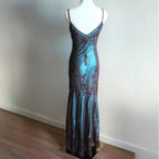 Vintage-Inspired Evening Dresses Blue Satin Spaghetti Straps Coffee Chiffon Long Prom Dresses With Beading