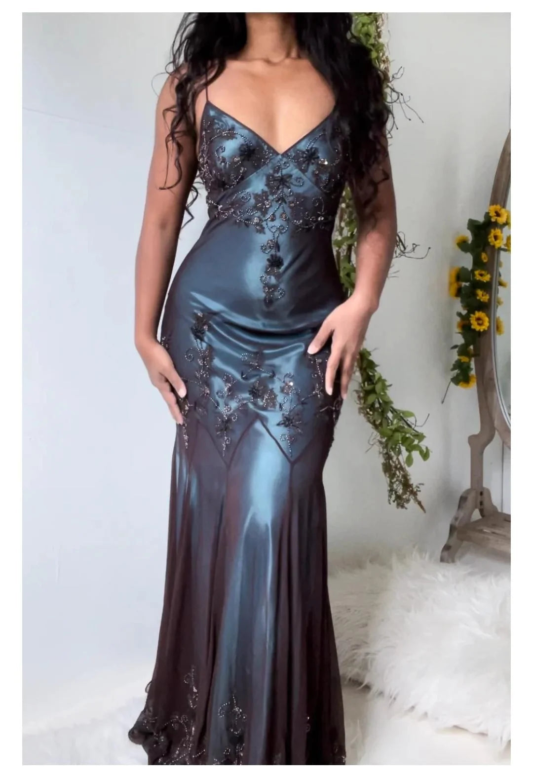 Vintage-Inspired Evening Dresses Blue Satin Spaghetti Straps Coffee Chiffon Long Prom Dresses With Beading