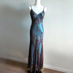 Vintage-Inspired Evening Dresses Blue Satin Spaghetti Straps Coffee Chiffon Long Prom Dresses With Beading