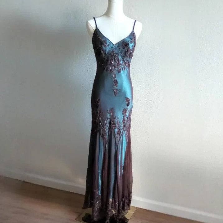 Vintage-Inspired Evening Dresses Blue Satin Spaghetti Straps Coffee Chiffon Long Prom Dresses With Beading