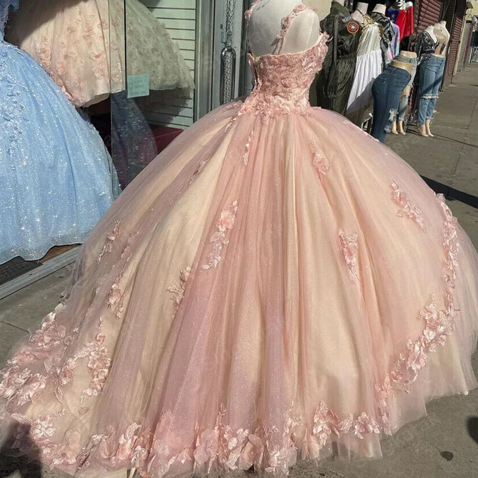 Pink/Purple/Green Sweet Lace Applique Long Tulle Quinceanera Dress Ball Gown Evening Dress Secondary image