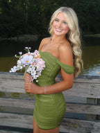 Mustard Green Off The Shoulder Tulle Homecoming Dress Short Cocktail Dresses