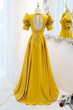 Mustard Yellow Satin Backless Dress With Sleeves