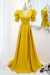 Mustard Yellow Satin Backless Dress With Sleeves