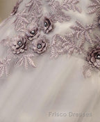 Gray A Line Off Shoulder Floor Length Formal Prom Dress, Lace Evening Dress