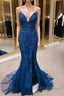 Navy Appliques Lace-Up Back Mermaid Long Formal Prom Dress With Slit