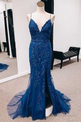 Navy Appliques Lace-Up Back Mermaid Long Prom Dress With Slit