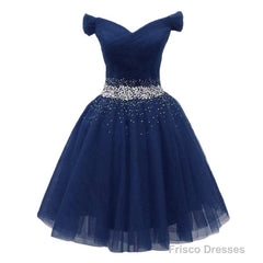 Navy Beaded Sweetheart Off Shoulder Tulle Homecoming Dress