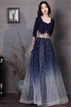 Navy Blue A-Line Short Sleeves Floor Length Party Dress, Navy Blue Bridesmaid Dress