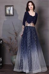 Navy Blue A-Line Short Sleeves Floor Length Party Dress, Navy Blue Bridesmaid Dress