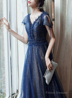 Navy Blue A-Line Short Sleeves V-Neckline Party Dress, Navy Blue Prom Dress