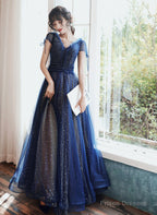 Navy Blue A-Line Short Sleeves V-Neckline Party Dress, Navy Blue Prom Dress