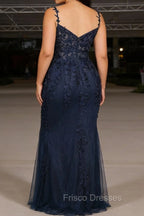 Navy Blue A Line Spaghetti Straps Prom Dress with Appliques