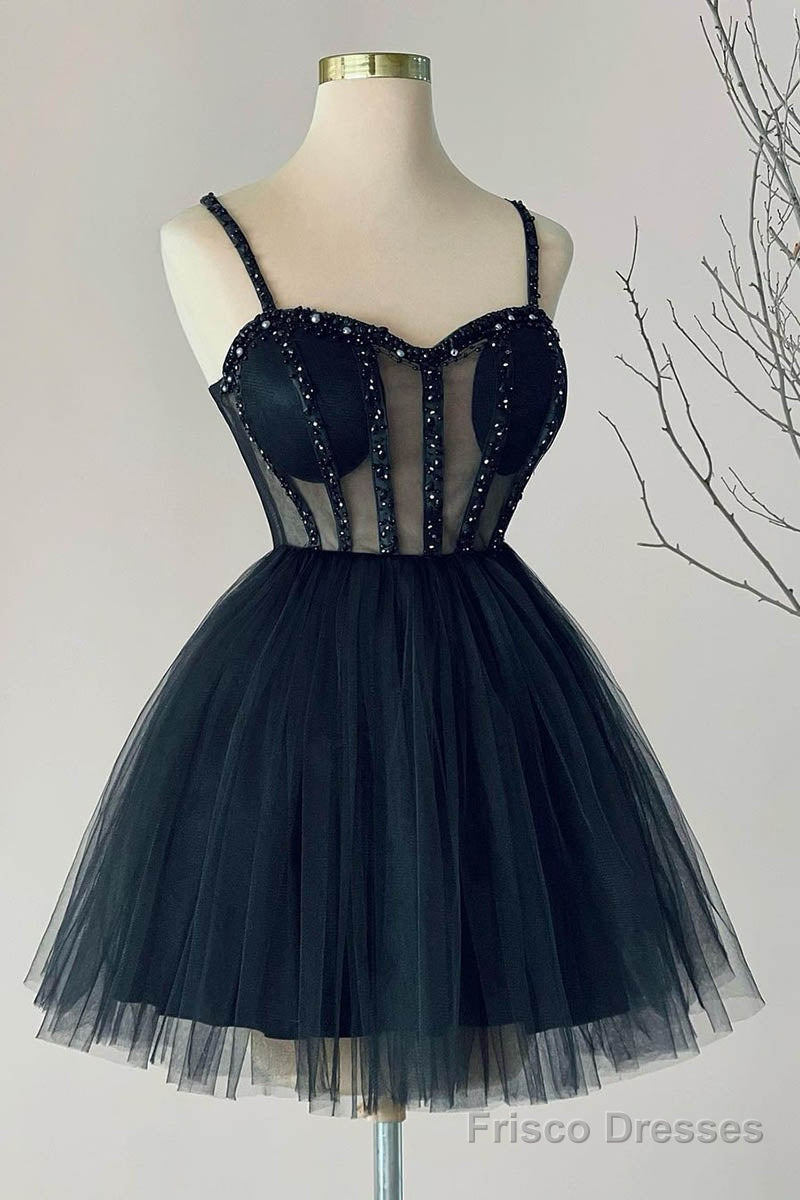 Navy Blue A line Sweetheart Tulle Beads Short Homecoming Dress Party Gown