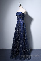 Navy Blue A-Line Tulle Long Evening Dress, Navy Blue Formal Prom Dress