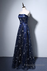 Navy Blue A-Line Tulle Long Evening Dress, Navy Blue Formal Prom Dress