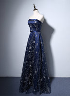 Navy Blue A-Line Tulle Long Evening Dress, Navy Blue Prom Dress