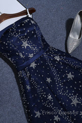 Navy Blue A-Line Tulle Long Evening Dress, Navy Blue Formal Prom Dress
