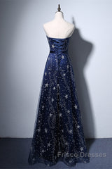 Navy Blue A-Line Tulle Long Evening Dress, Navy Blue Formal Prom Dress