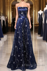 Navy Blue A-Line Tulle Long Evening Dress, Navy Blue Formal Prom Dress