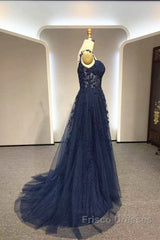 Navy Blue A-Line Tulle With Lace Formal Prom Dress, Navy Blue Long Party Dress