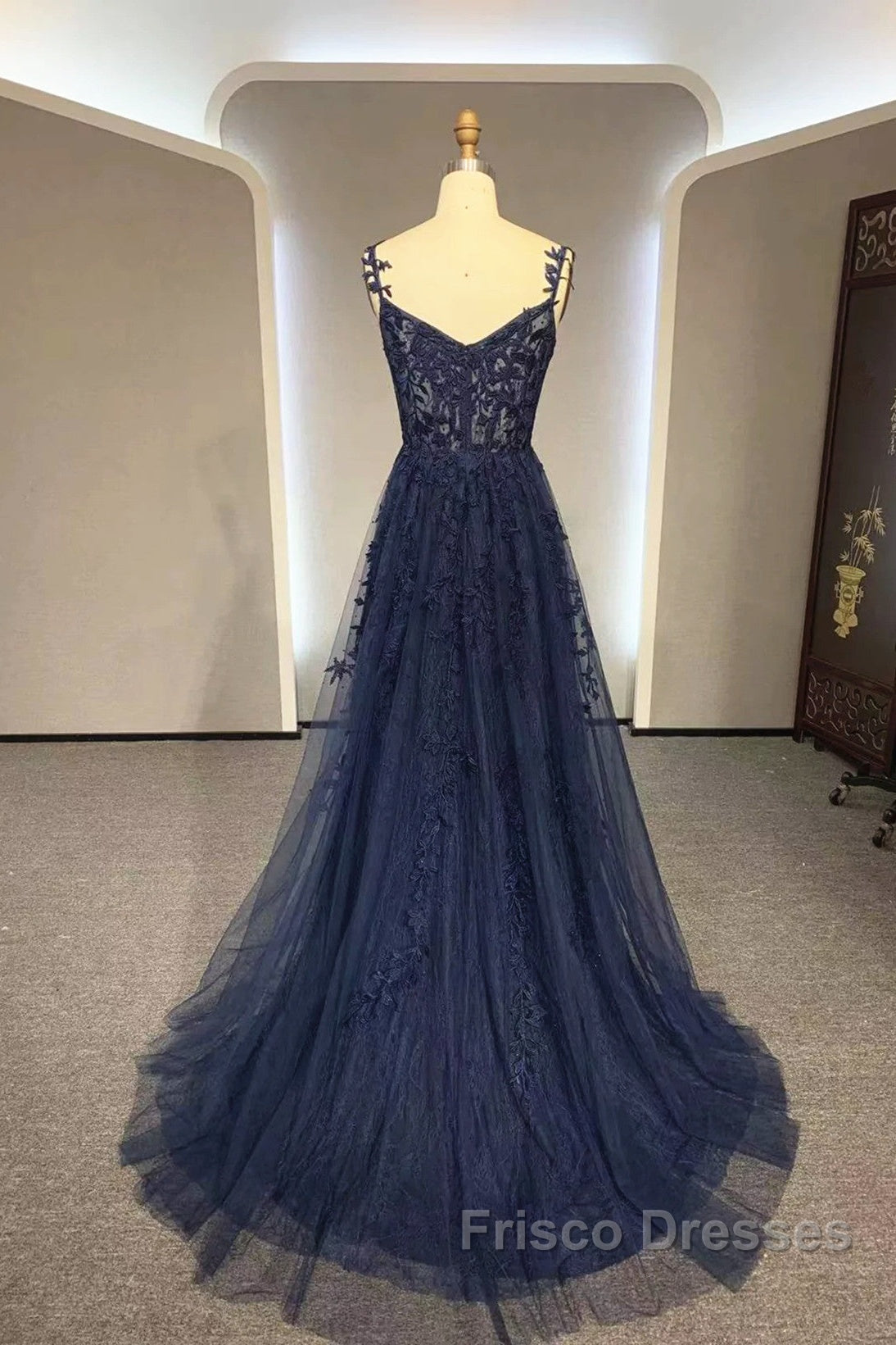 Navy Blue A-Line Tulle With Lace Formal Prom Dress, Navy Blue Long Party Dress