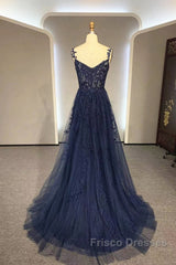 Navy Blue A-Line Tulle With Lace Formal Prom Dress, Navy Blue Long Party Dress