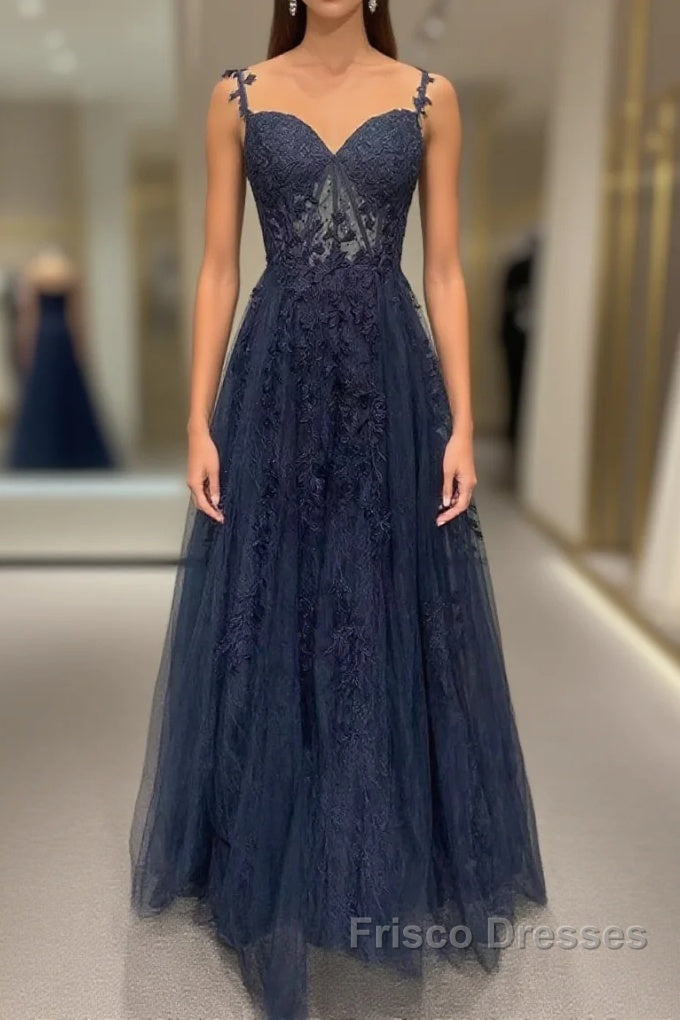 Navy Blue A-Line Tulle With Lace Formal Prom Dress, Navy Blue Long Party Dress Main image